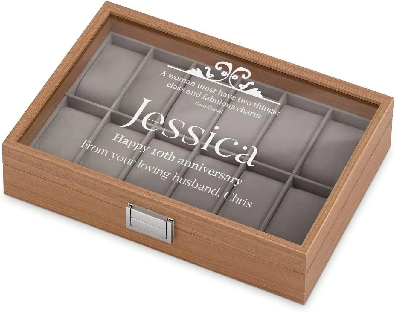 Personalized Watch Box for Women - Wooden Watch Case with Engraved Glass Lid ?C Stylish Watch Holder for 12 Wristwatches - For her dilute - For Birthday - CHANEL Maverton 