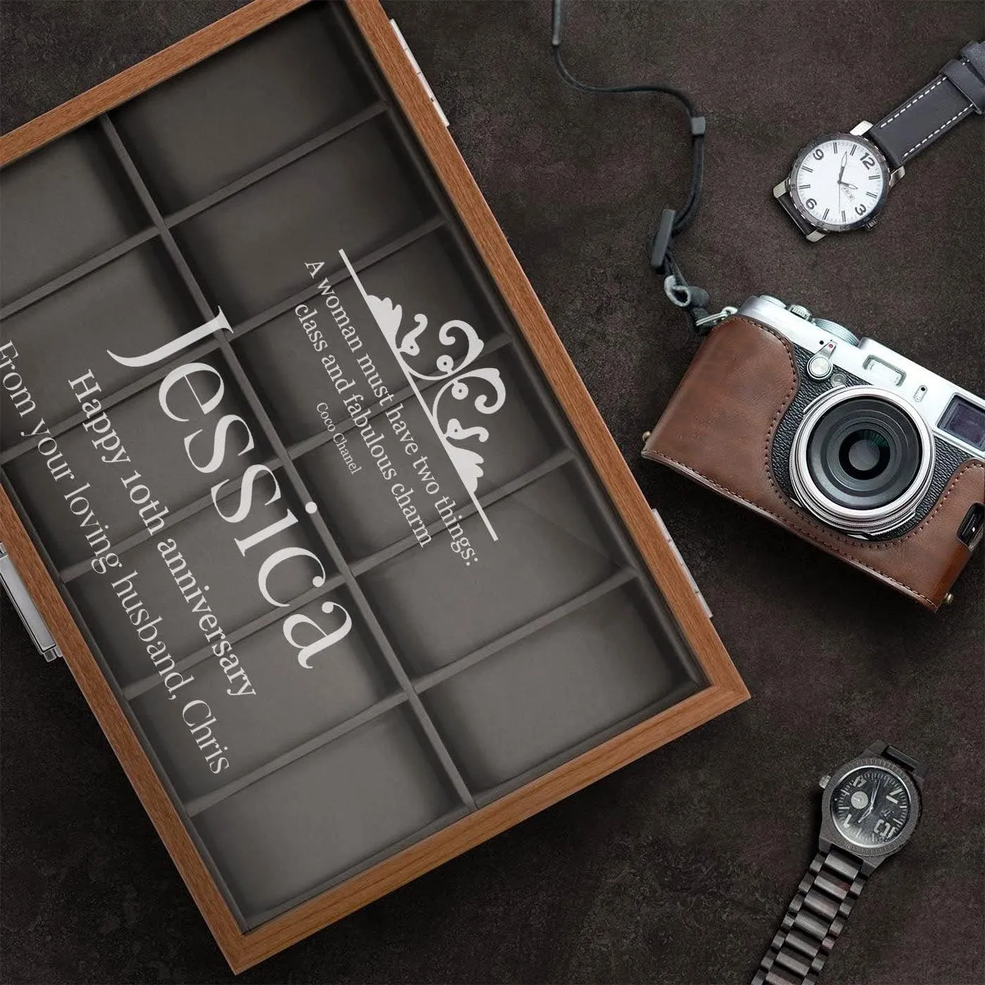 Personalized Watch Box for Women - Wooden Watch Case with Engraved Glass Lid ?C Stylish Watch Holder for 12 Wristwatches - For her dilute - For Birthday - CHANEL Maverton 