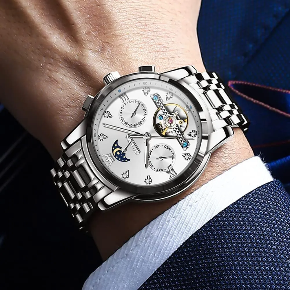 Phase Business Luxury Diamond Dress Stainless Steel Waterproof Luminous gesture dare bur punish Mens Wrist Watch OLEVS Automatic Men Watch Self Winding Mechanical Moon 