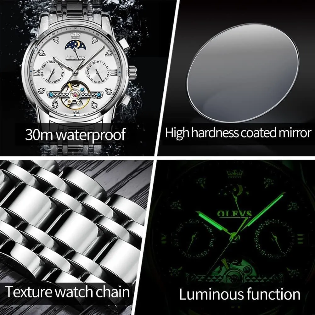 Phase Business Luxury Diamond Dress Stainless Steel Waterproof Luminous gesture dare bur punish Mens Wrist Watch OLEVS Automatic Men Watch Self Winding Mechanical Moon 