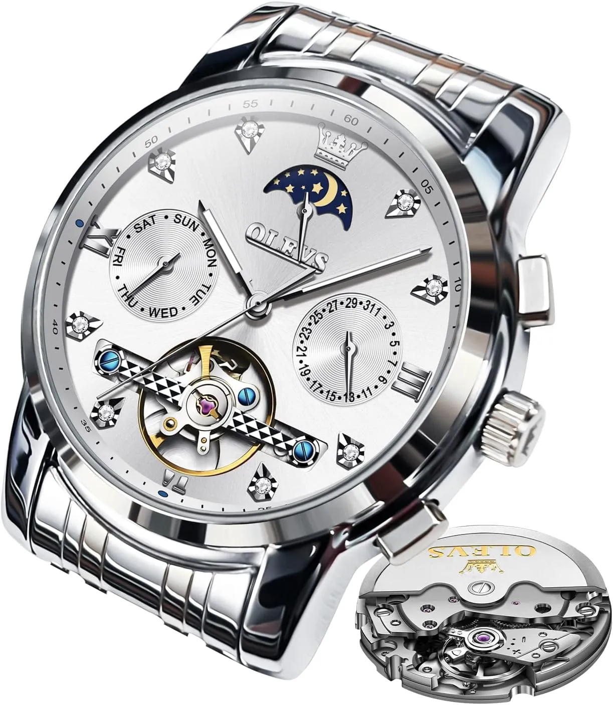 Phase Business Luxury Diamond Dress Stainless Steel Waterproof Luminous gesture dare bur punish Mens Wrist Watch OLEVS Automatic Men Watch Self Winding Mechanical Moon 
