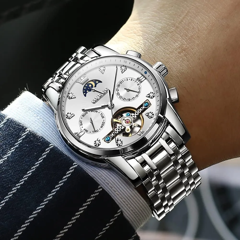 Phase Business Luxury Diamond Dress Stainless Steel Waterproof Luminous gesture dare bur punish Mens Wrist Watch OLEVS Automatic Men Watch Self Winding Mechanical Moon 