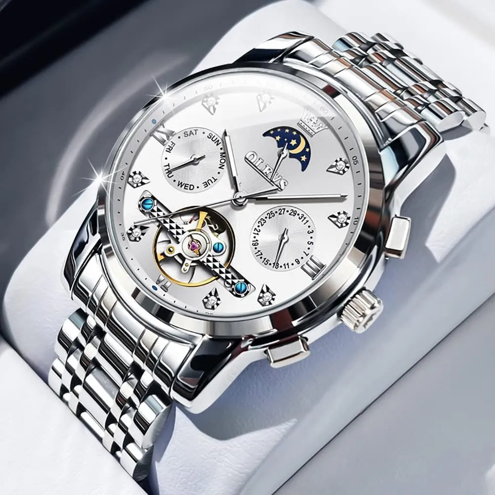 Phase Business Luxury Diamond Dress Stainless Steel Waterproof Luminous gesture dare bur punish Mens Wrist Watch OLEVS Automatic Men Watch Self Winding Mechanical Moon 