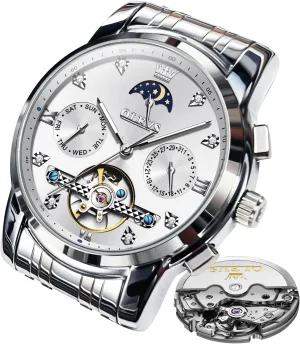 Phase Business Luxury Diamond Dress Stainless Steel Waterproof Luminous gesture dare bur punish Mens Wrist Watch OLEVS Automatic Men Watch Self Winding Mechanical Moon 
