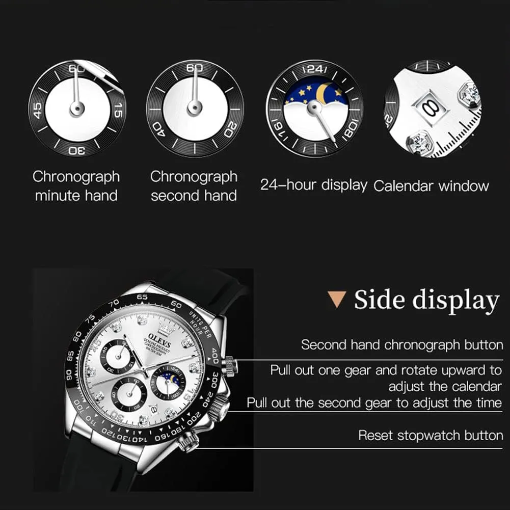 Phase Quartz Male specimen Watch Waterproof Wrist Watch ?? OLEVS Men's Watches Chronograph Multifunction Sport Silicone Luxury Diamond Moon 