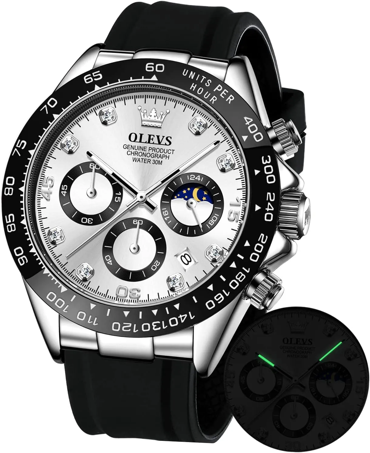 Phase Quartz Male specimen Watch Waterproof Wrist Watch ?? OLEVS Men's Watches Chronograph Multifunction Sport Silicone Luxury Diamond Moon 