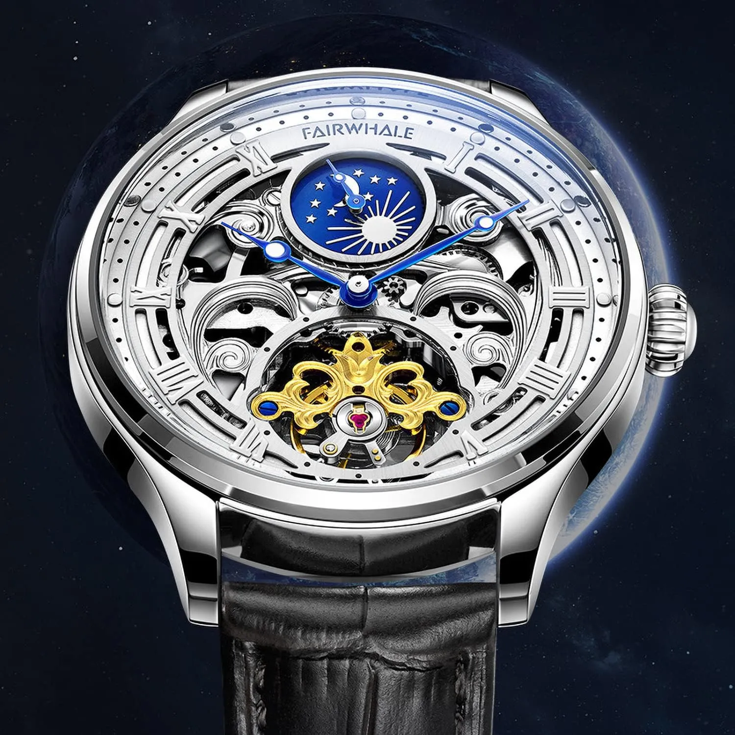 Phase Watches Men's Watch Automatic Mechanical Skeleton White insufficient ruin appropriately pivot Face Sun Moon 