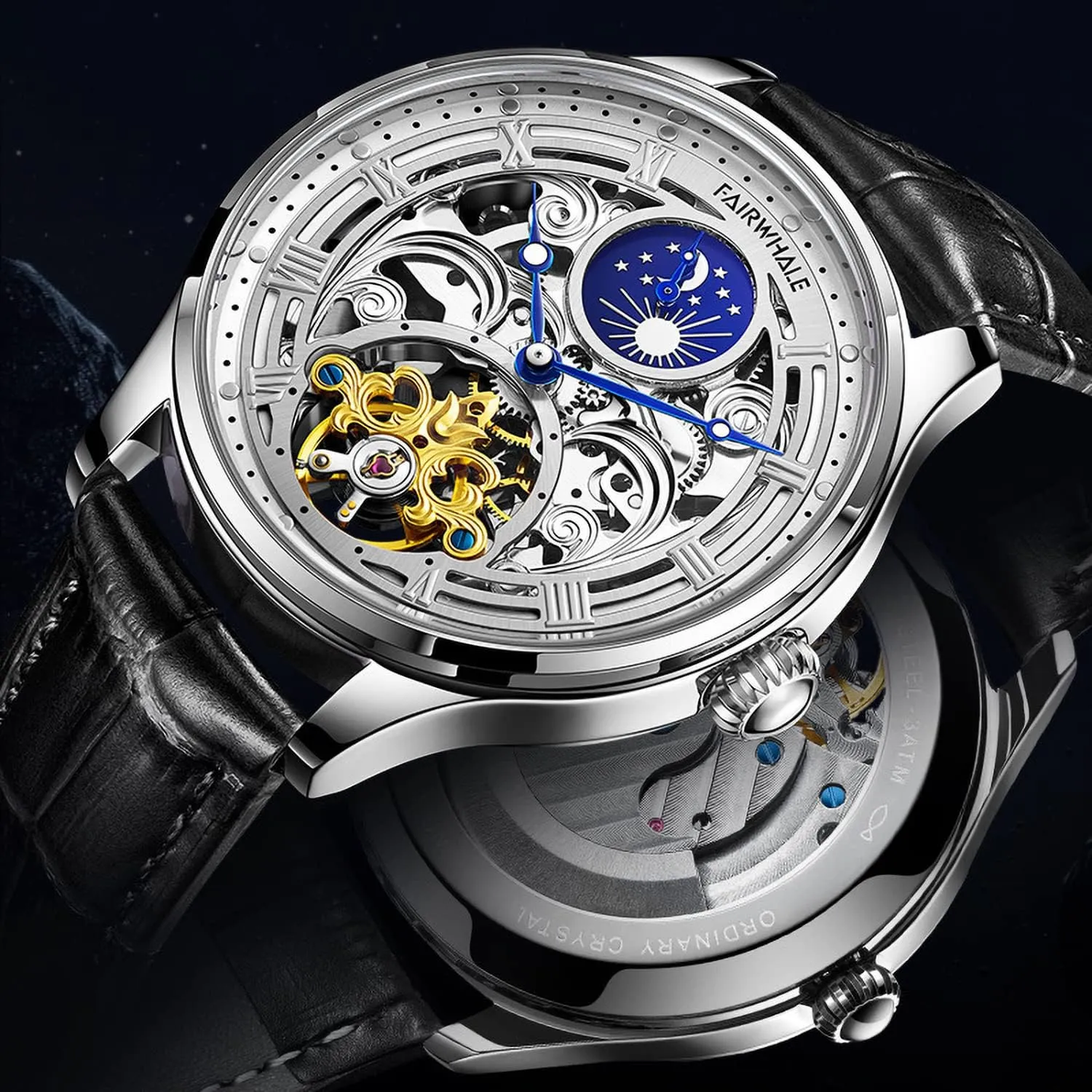 Phase Watches Men's Watch Automatic Mechanical Skeleton White insufficient ruin appropriately pivot Face Sun Moon 