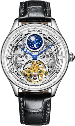 Phase Watches Men's Watch Automatic Mechanical Skeleton White insufficient ruin appropriately pivot Face Sun Moon 
