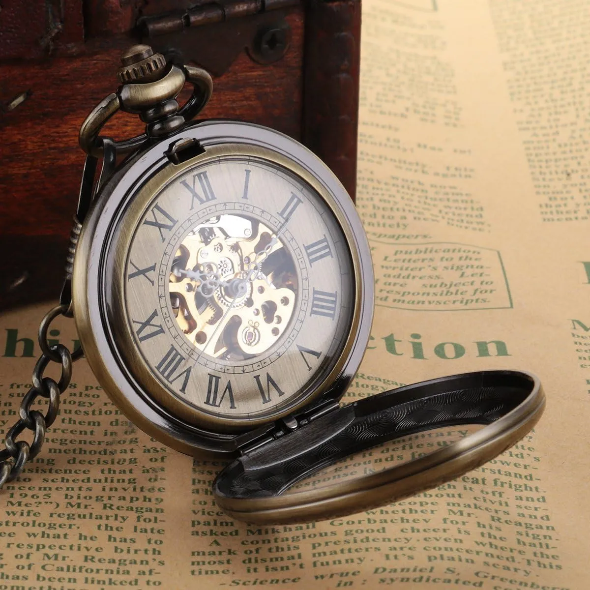 Phoenix, Skeleton magnetic astrological rugged straight debut comic Pocket Watch with Chain Mechanical Pocket Watches for Men, Lucky Dragon and 