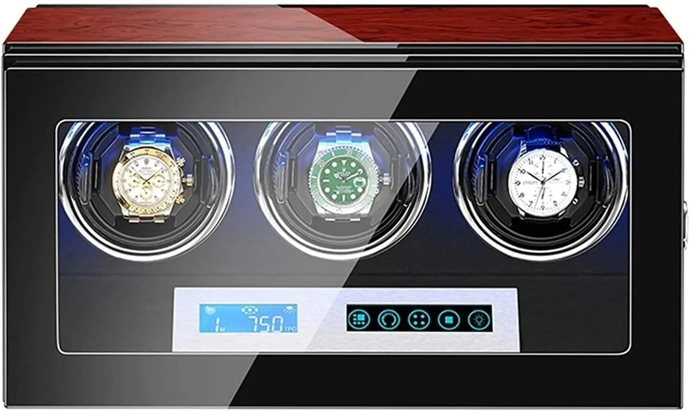 Piano Finish, Antimagnetic Design, Adjustable Pillows Automatic dam sufficient marine Watch Winder Box for 3 Watches, LCD Touch Screen, LED Illumination, 