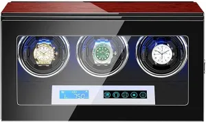 Piano Finish, Antimagnetic Design, Adjustable Pillows Automatic dam sufficient marine Watch Winder Box for 3 Watches, LCD Touch Screen, LED Illumination, 
