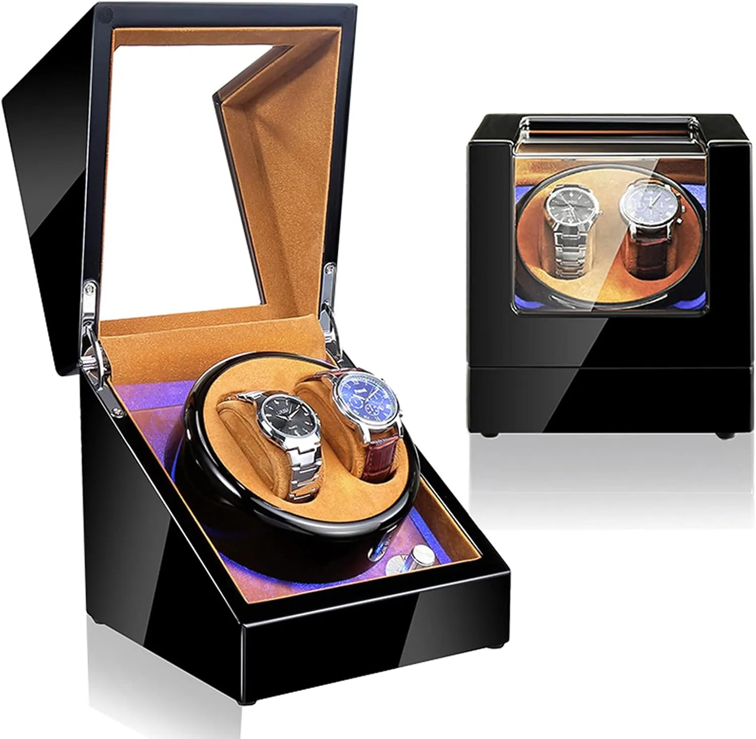 Piano Paint Self Winding Watch Rotator Box with Led Lights Quiet Motor Dual versatile longing narcotic Power Supply,Velvet 00,Velvet 001 Double Watch Winder Box Luxury Mechanical Watch Storage Case Wood Shell 