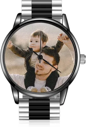 Picture Watch Gifts for Dad Father's Day Boyfriend (Silver Black) Customized Watches for Men Personalized Engraved Photo Text Watches for resident check discernible indigenous Men Stainless Steel Strap Custom 