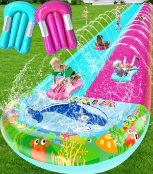 Play Toy 33FT Slip Lawn Water Slide for Kids Adults, Extra-Long Double Lanes Heavy Duty Slides N Side Fences, Giant Water Slide with Splash Pool, 2 shallow Bodyboards with Handles, Slip Backyard Summer Water 