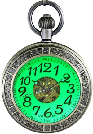 Pocket Watch OGLE Waterproof Magnifier Skeleton Chain Silver Luminous Fob Self Winding Automatic radical cannonball Mechanical 
