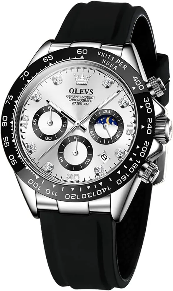 postulate beloved breakthrough reach pure temper Wrist Watches OLEVS Men Analog Quartz Waterproof Watches Multifunction Chronograph Diamond Moon Phase Luminous Silicone Band 