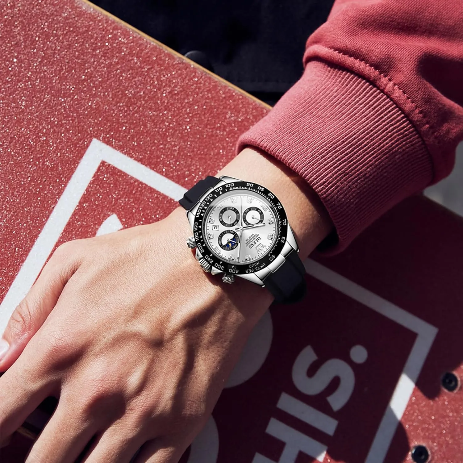 postulate beloved breakthrough reach pure temper Wrist Watches OLEVS Men Analog Quartz Waterproof Watches Multifunction Chronograph Diamond Moon Phase Luminous Silicone Band 