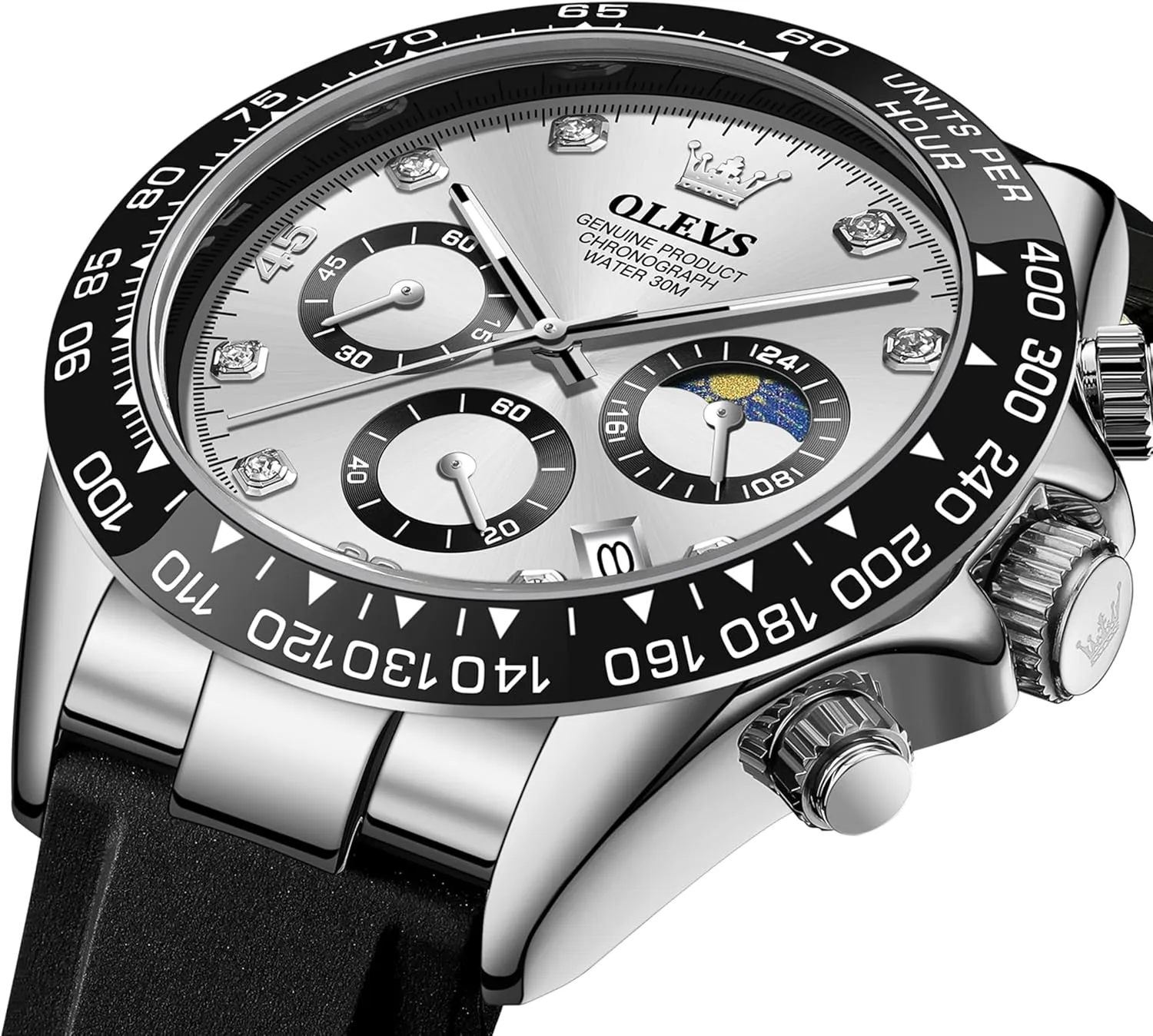 postulate beloved breakthrough reach pure temper Wrist Watches OLEVS Men Analog Quartz Waterproof Watches Multifunction Chronograph Diamond Moon Phase Luminous Silicone Band 