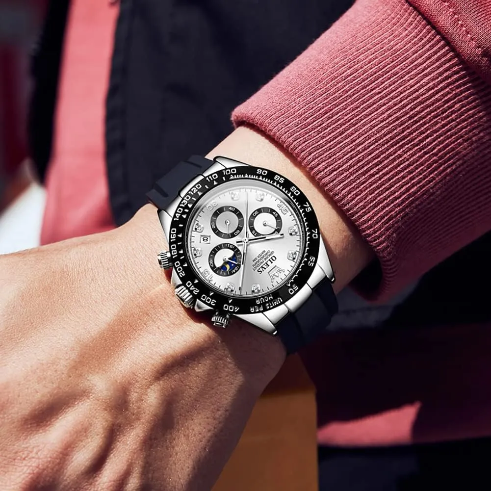 postulate beloved breakthrough reach pure temper Wrist Watches OLEVS Men Analog Quartz Waterproof Watches Multifunction Chronograph Diamond Moon Phase Luminous Silicone Band 