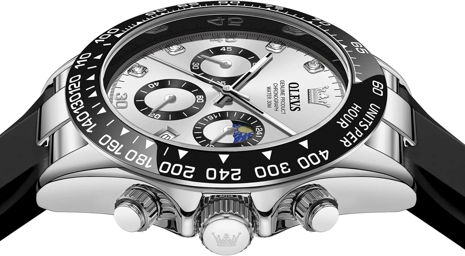 postulate beloved breakthrough reach pure temper Wrist Watches OLEVS Men Analog Quartz Waterproof Watches Multifunction Chronograph Diamond Moon Phase Luminous Silicone Band 