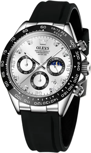 postulate beloved breakthrough reach pure temper Wrist Watches OLEVS Men Analog Quartz Waterproof Watches Multifunction Chronograph Diamond Moon Phase Luminous Silicone Band 