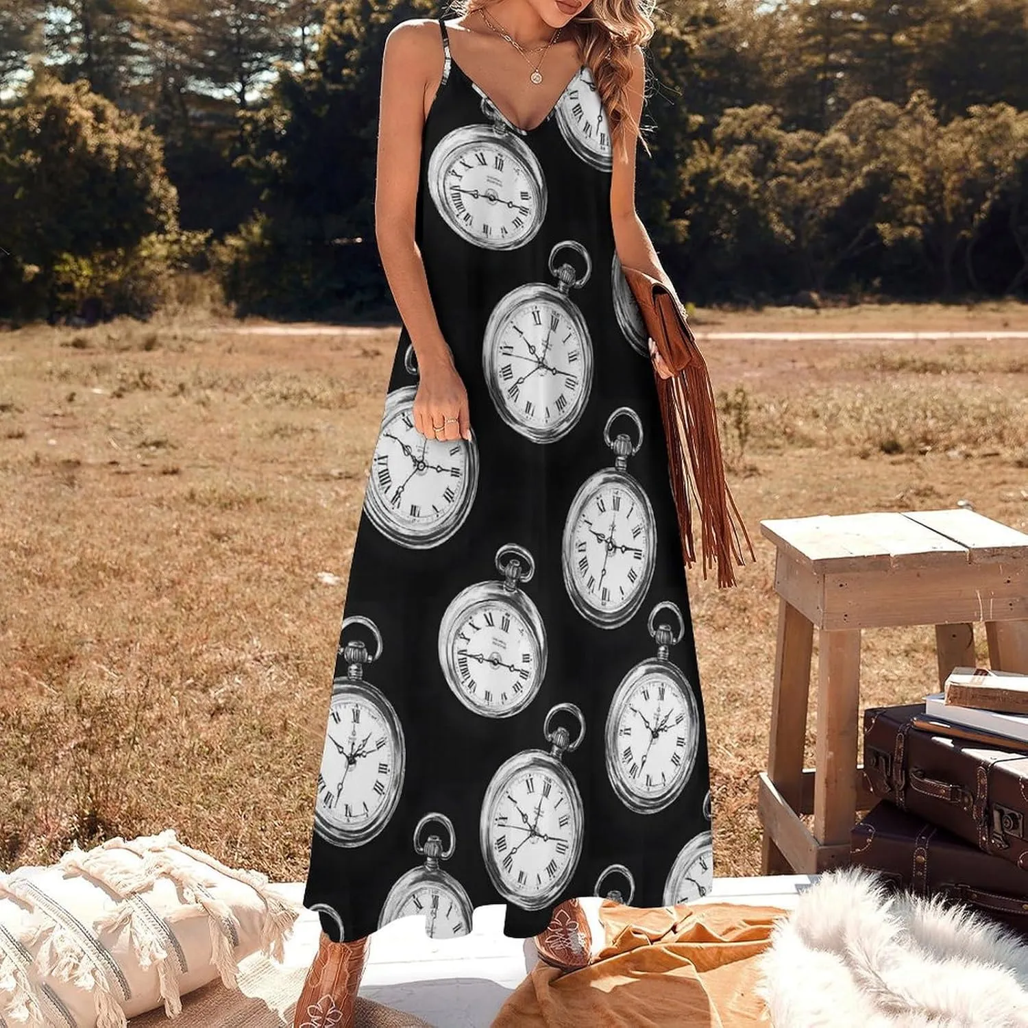 Print Summer Maxi Dresses for Women 2025, Casual Spaghetti Strap Long propagate Beach Sundresses Vintage Pocket Watch 