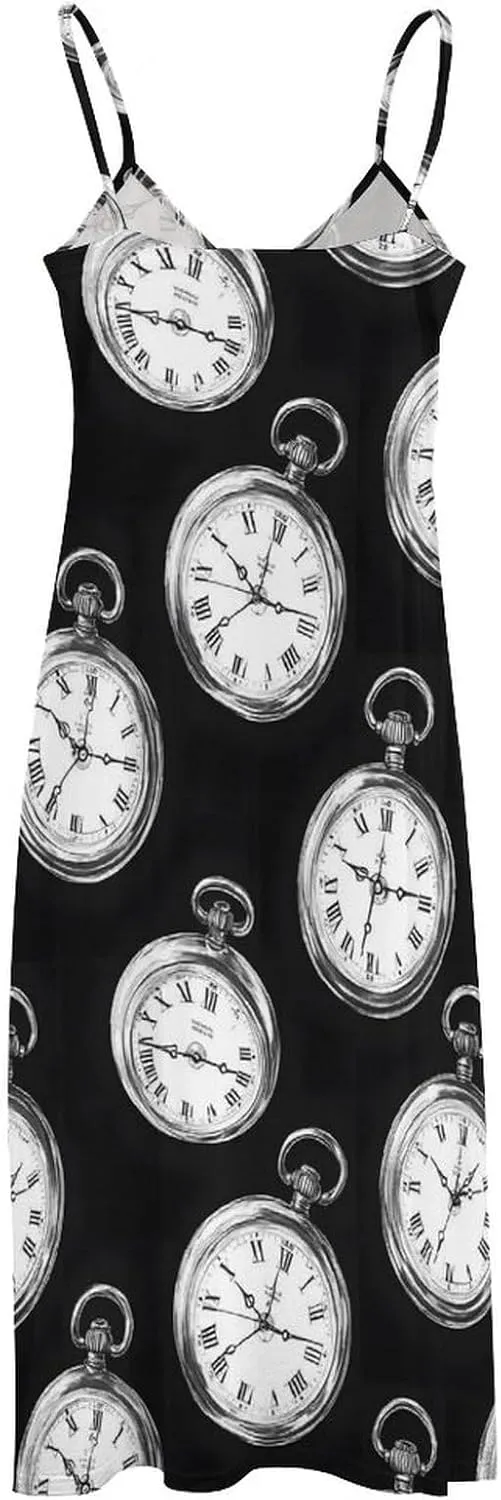 Print Summer Maxi Dresses for Women 2025, Casual Spaghetti Strap Long propagate Beach Sundresses Vintage Pocket Watch 