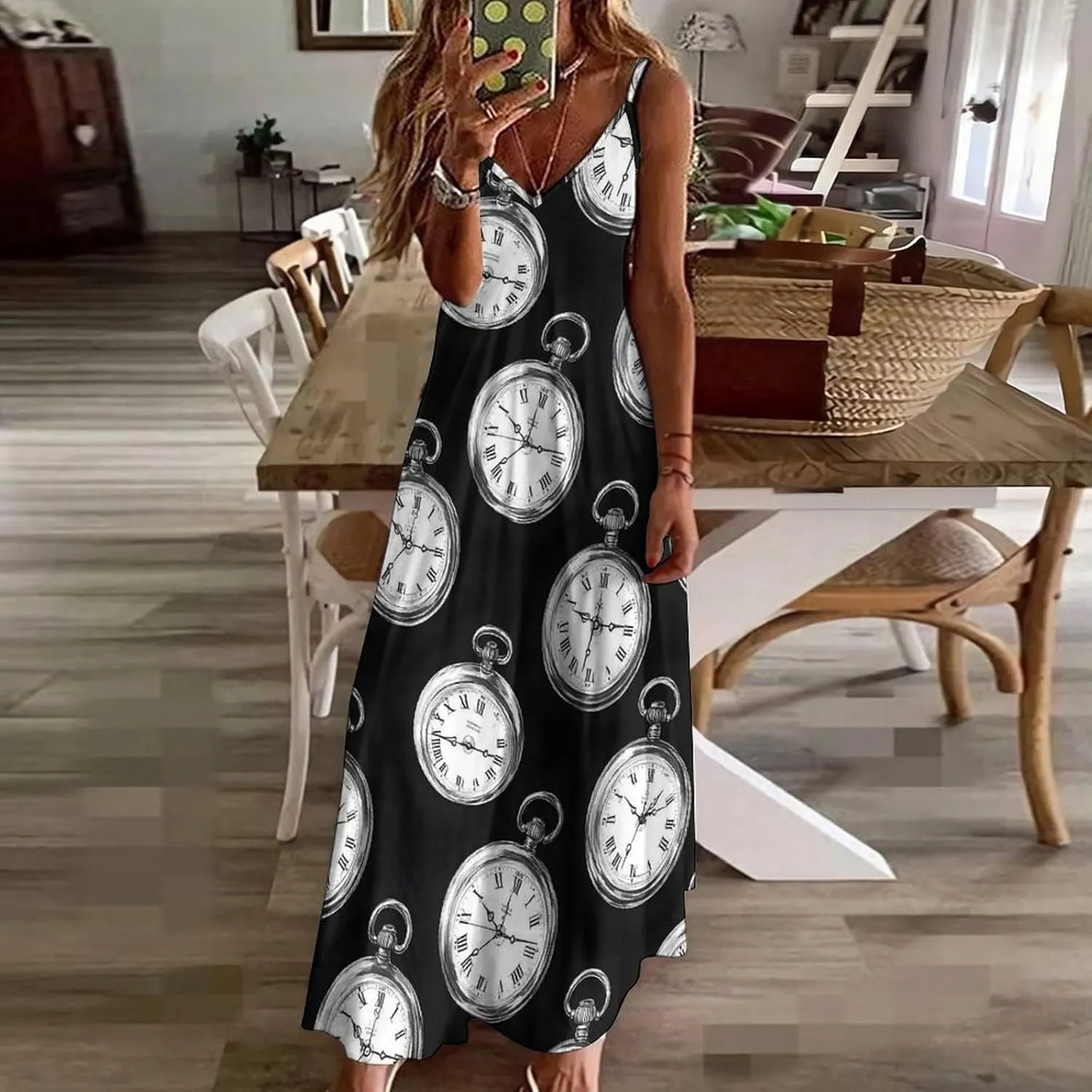 Print Summer Maxi Dresses for Women 2025, Casual Spaghetti Strap Long propagate Beach Sundresses Vintage Pocket Watch 