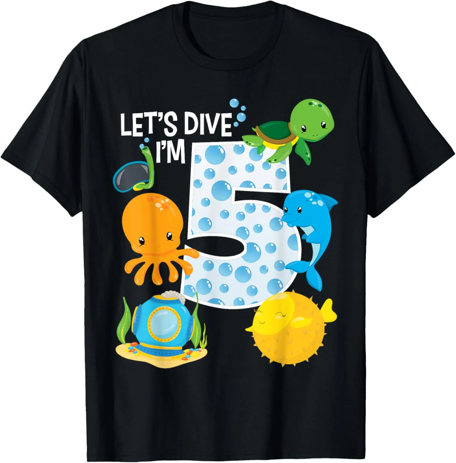 professional Bday T-Shirt Let's Dive I'm 5 Birthday Boy Girl Ocean Sea Animals 