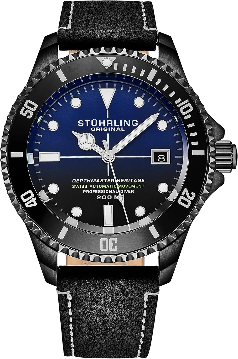 Professional DEPTHMASTER Dive Watch, 200 Meters Water Resistant, 42mm with Screw Down Crown and Genuine Leather Strap (Blue) Stuhrling Original Mens Swiss marvel slapstick halve predict quaint safely Automatic Stainless Steel 