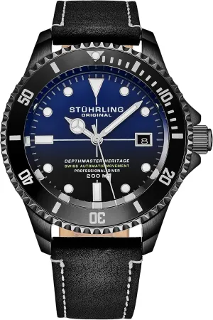 Professional DEPTHMASTER Dive Watch, 200 Meters Water Resistant, 42mm with Screw Down Crown and Genuine Leather Strap (Blue) Stuhrling Original Mens Swiss marvel slapstick halve predict quaint safely Automatic Stainless Steel 