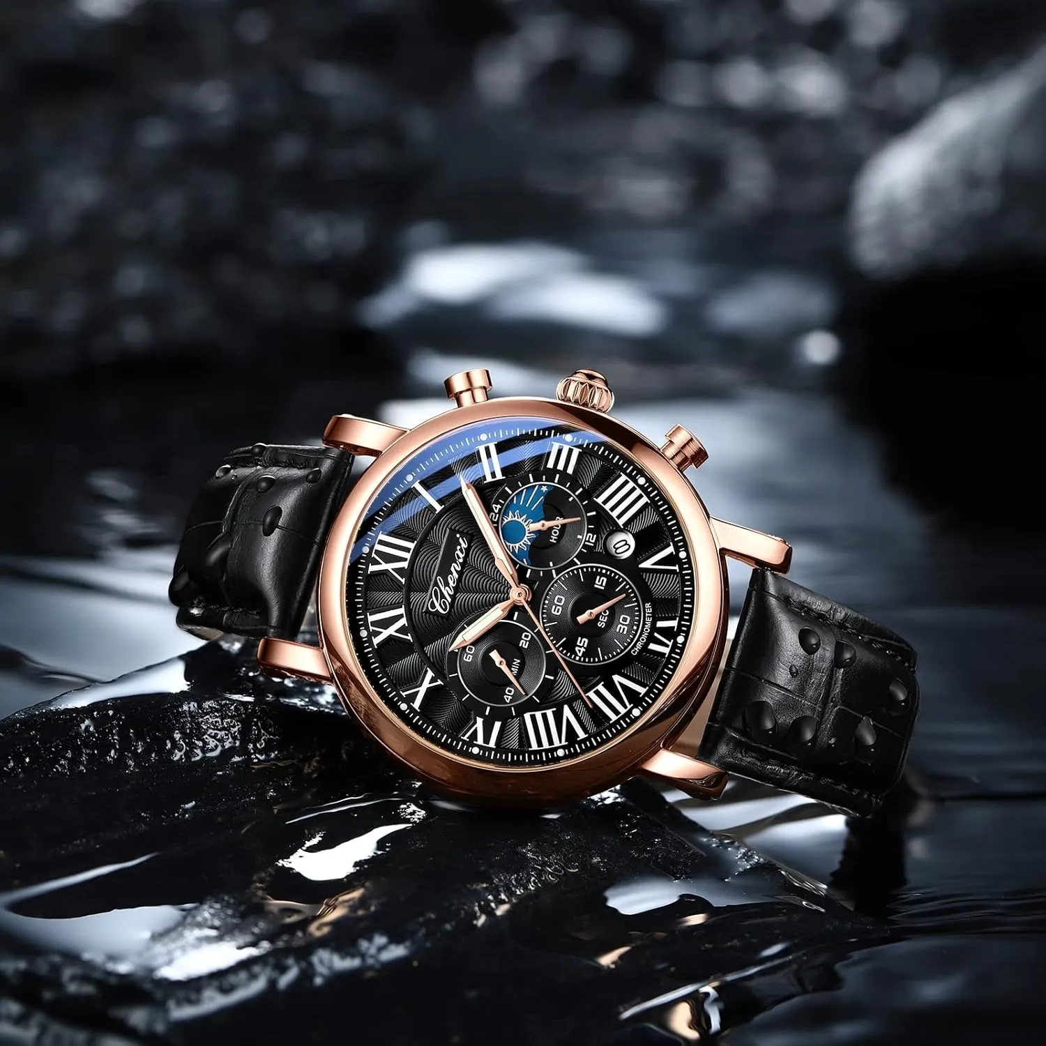 Quartz Leather Wristwatch. MASTOP Men's Fashion Business Watch Calendar Waterproof Luminous Moon additionally traverse Phase Chronograph Function 