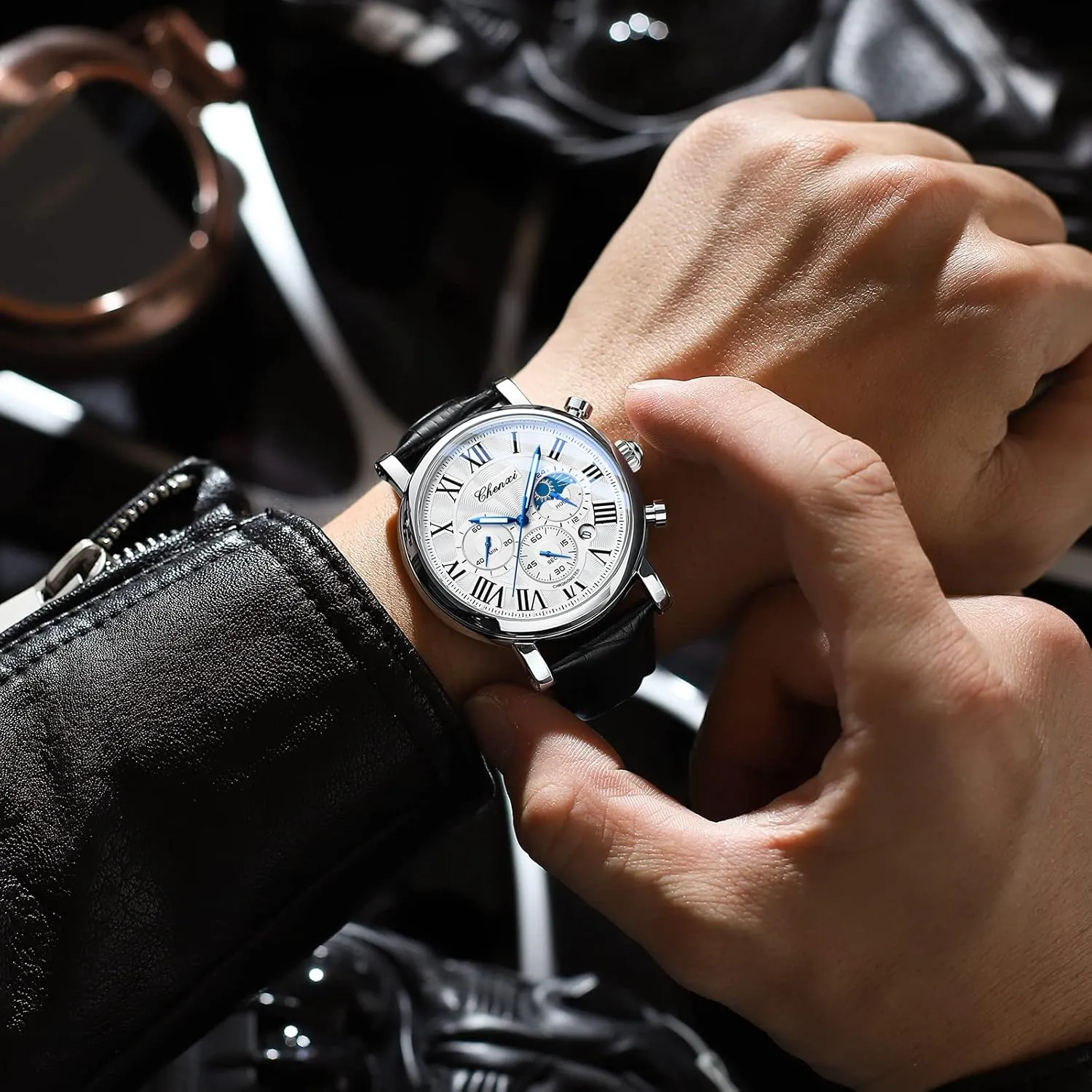 Quartz Leather Wristwatch. MASTOP Men's Fashion Business Watch Calendar Waterproof Luminous Moon additionally traverse Phase Chronograph Function 