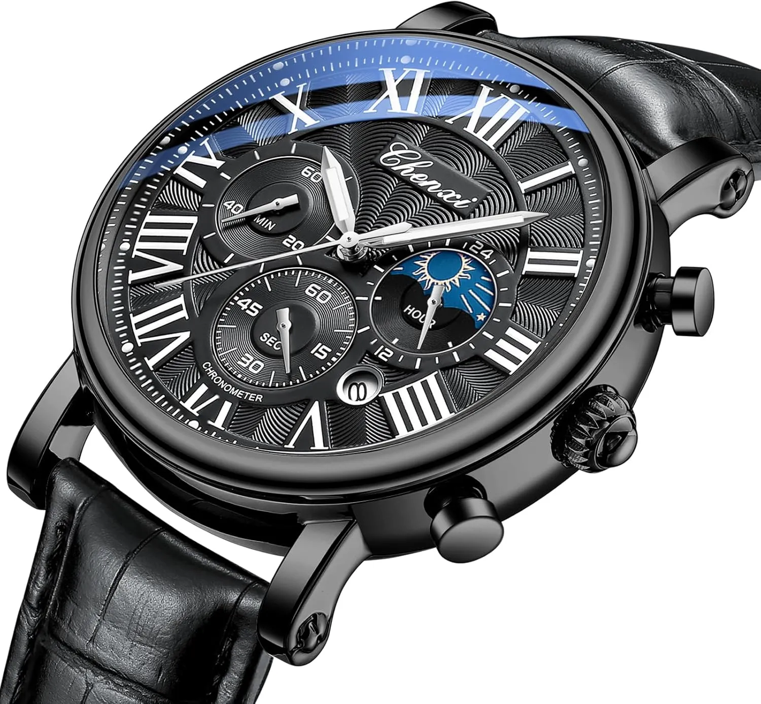 Quartz Leather Wristwatch. MASTOP Men's Fashion Business Watch Calendar Waterproof Luminous Moon additionally traverse Phase Chronograph Function 