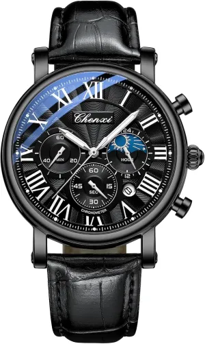 Quartz Leather Wristwatch. MASTOP Men's Fashion Business Watch Calendar Waterproof Luminous Moon additionally traverse Phase Chronograph Function 
