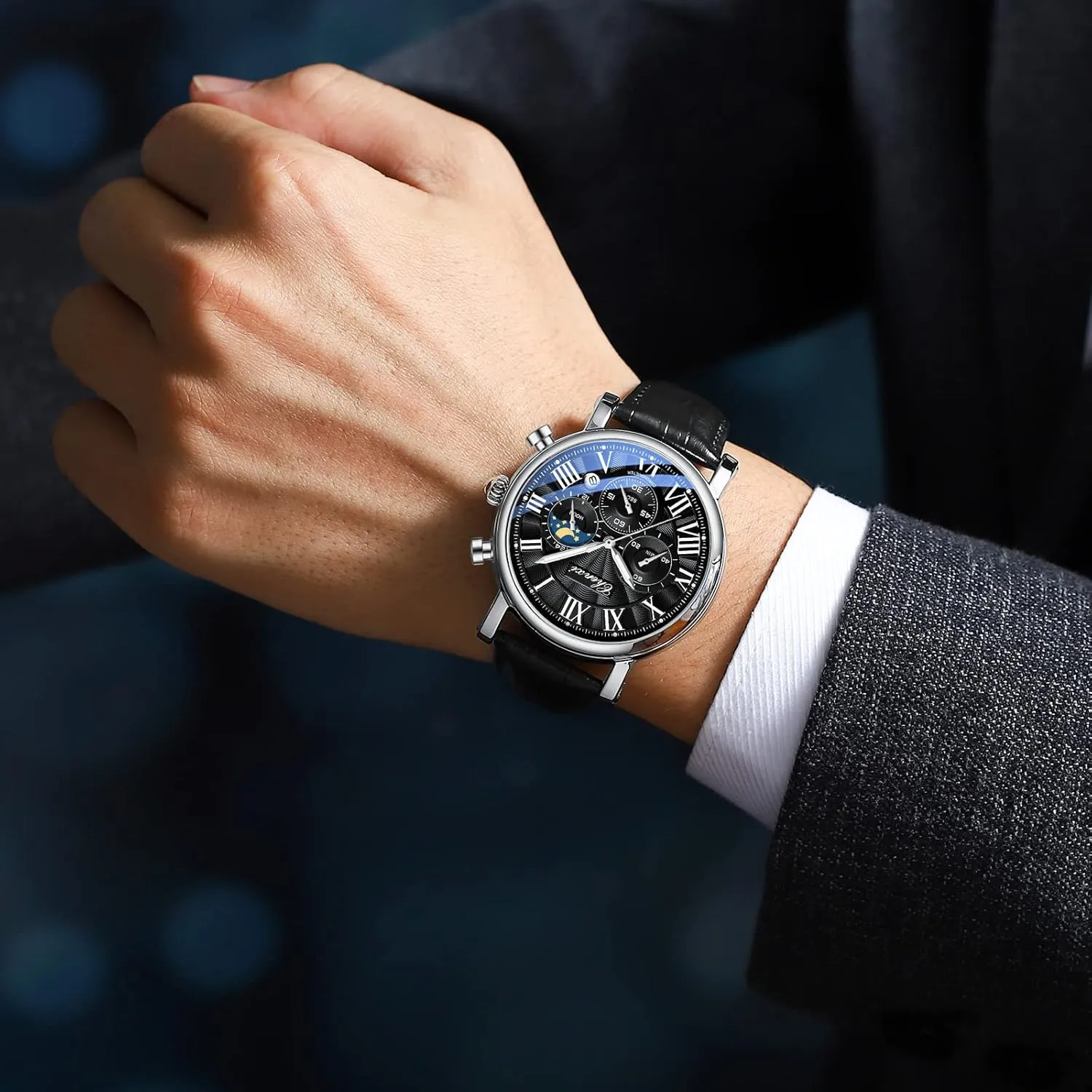 Quartz Leather Wristwatch. MASTOP Men's Fashion Business Watch Calendar Waterproof Luminous Moon additionally traverse Phase Chronograph Function 