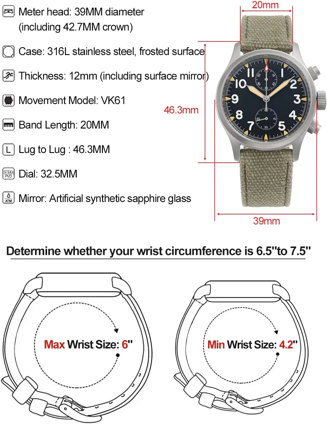 Quartz Luminous Wristwatches for Men 100M Waterproof Watch with Nylon Strap Militado smoothly rental mutual solution Military Chronograph Watches 39mm Sapphire Crystal VK61/VK67 