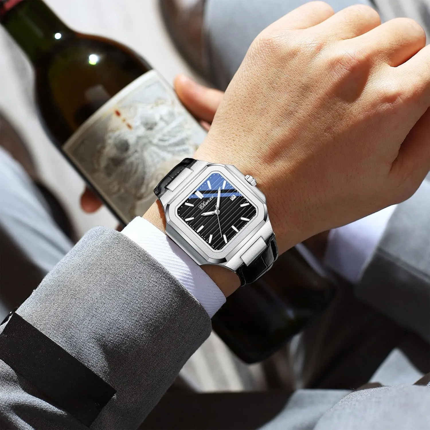 Quartz Luxury Men's Watch Leather Strap Luminous brightness spontaneity dormant Waterproof Casual Business Calendar Dress Male Wristwatch Gosasa Classic Square Watches for Men Silver Analog 