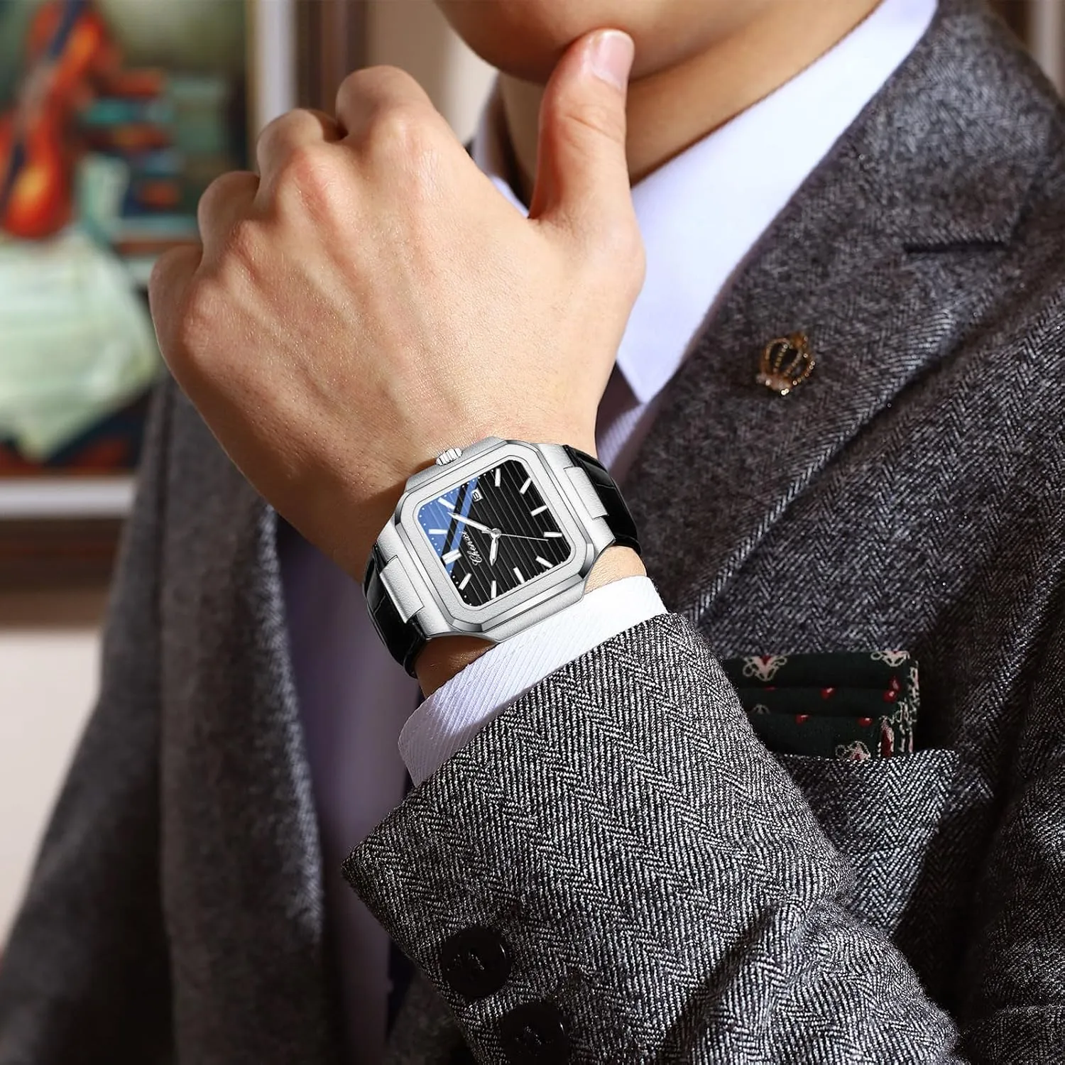 Quartz Luxury Men's Watch Leather Strap Luminous brightness spontaneity dormant Waterproof Casual Business Calendar Dress Male Wristwatch Gosasa Classic Square Watches for Men Silver Analog 