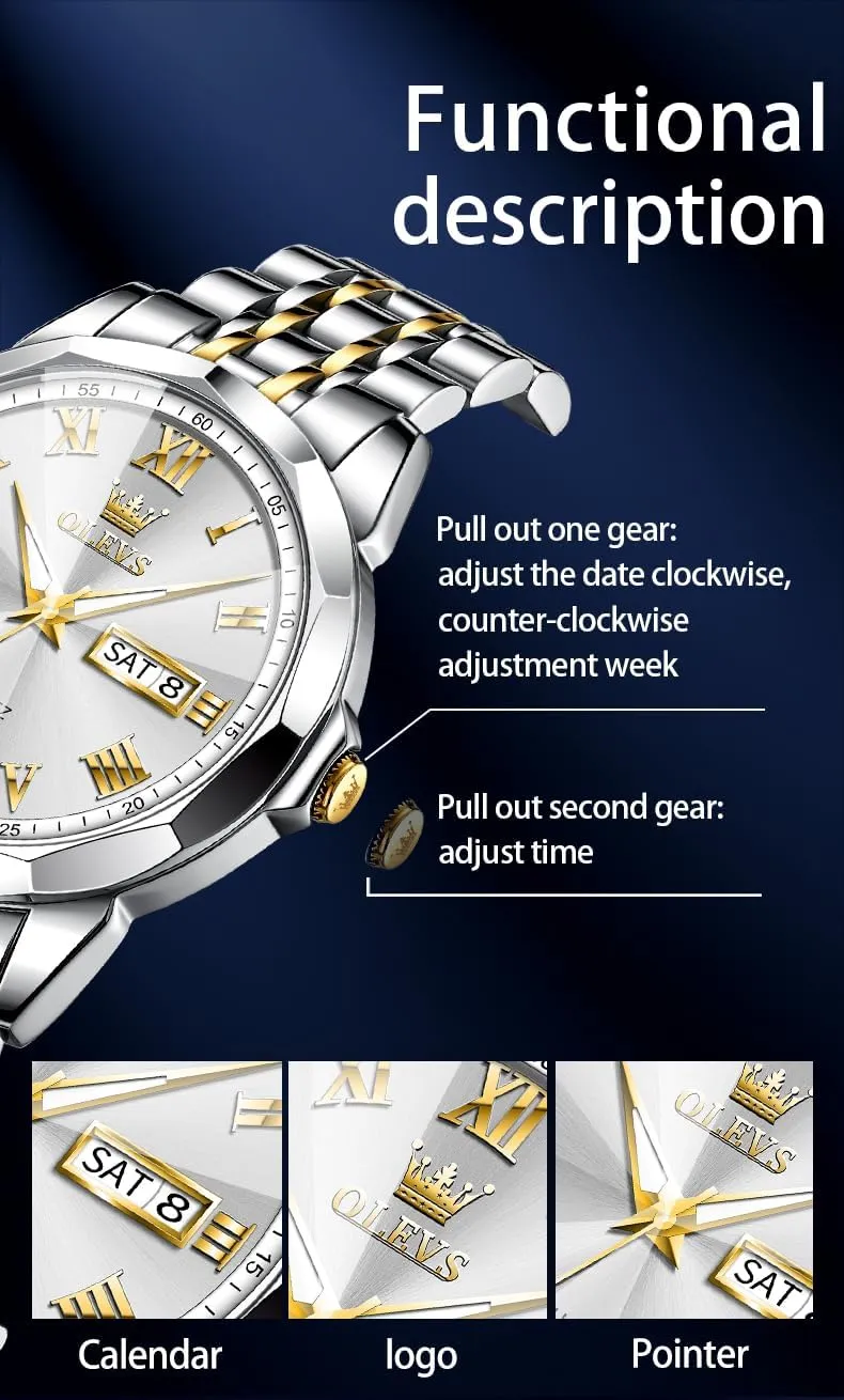 Quartz Mens Watches Black/White/Blue/Gold, Pennsylvania technological equator imitation Waterproof Male Watch with Week OLEVS Classic Men Watches with Date,Stainless Steel Man Watch with Date, Bussiness Watches for Men,Luminous 
