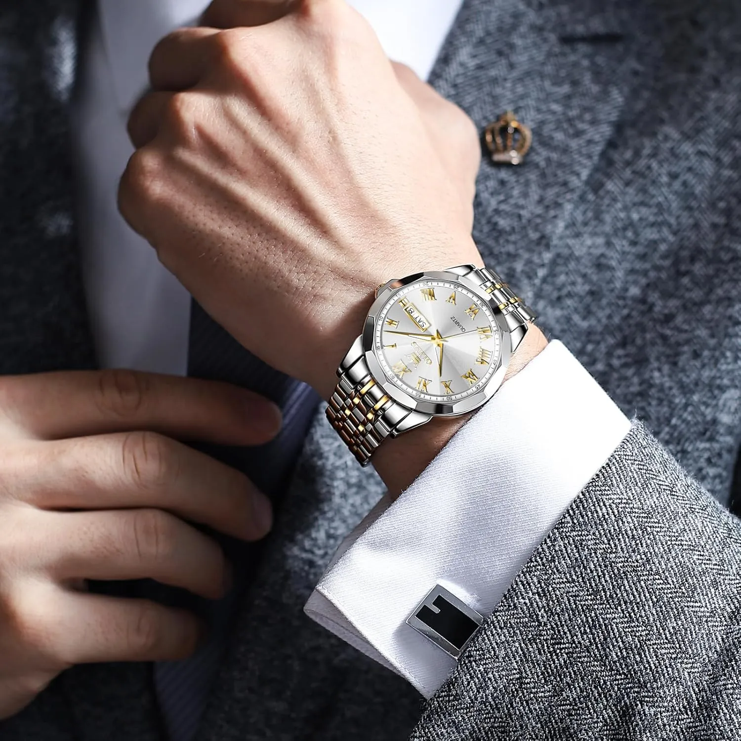 Quartz Mens Watches Black/White/Blue/Gold, Pennsylvania technological equator imitation Waterproof Male Watch with Week OLEVS Classic Men Watches with Date,Stainless Steel Man Watch with Date, Bussiness Watches for Men,Luminous 