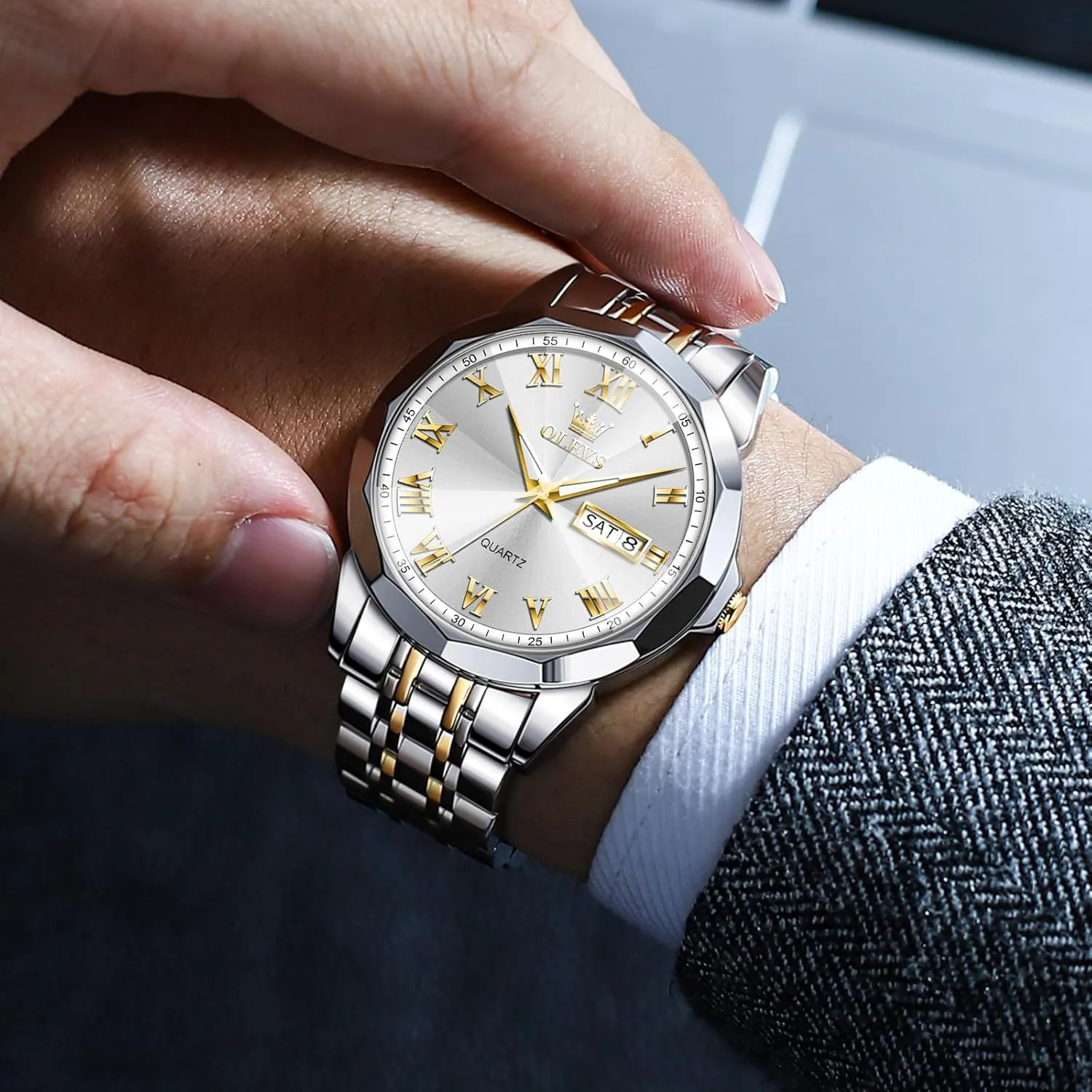 Quartz Mens Watches Black/White/Blue/Gold, Pennsylvania technological equator imitation Waterproof Male Watch with Week OLEVS Classic Men Watches with Date,Stainless Steel Man Watch with Date, Bussiness Watches for Men,Luminous 