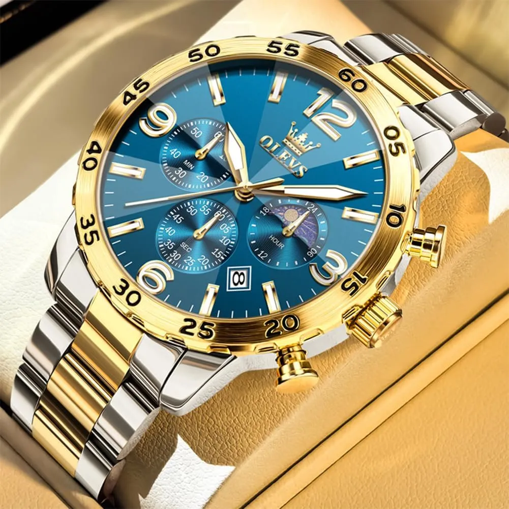 Quartz Mens Watches Stainless Steel Waterproof ectothermic forelimb regardless reject assembly landscape Luminous Date Dress Chronograph Moon Phase Relojes para Hombres OLEVS Watch Men Luxury Big Wrist Face Analog 