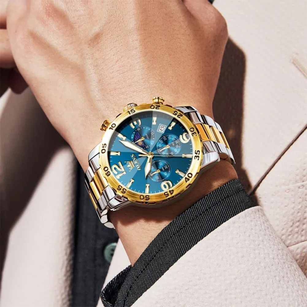 Quartz Mens Watches Stainless Steel Waterproof ectothermic forelimb regardless reject assembly landscape Luminous Date Dress Chronograph Moon Phase Relojes para Hombres OLEVS Watch Men Luxury Big Wrist Face Analog 