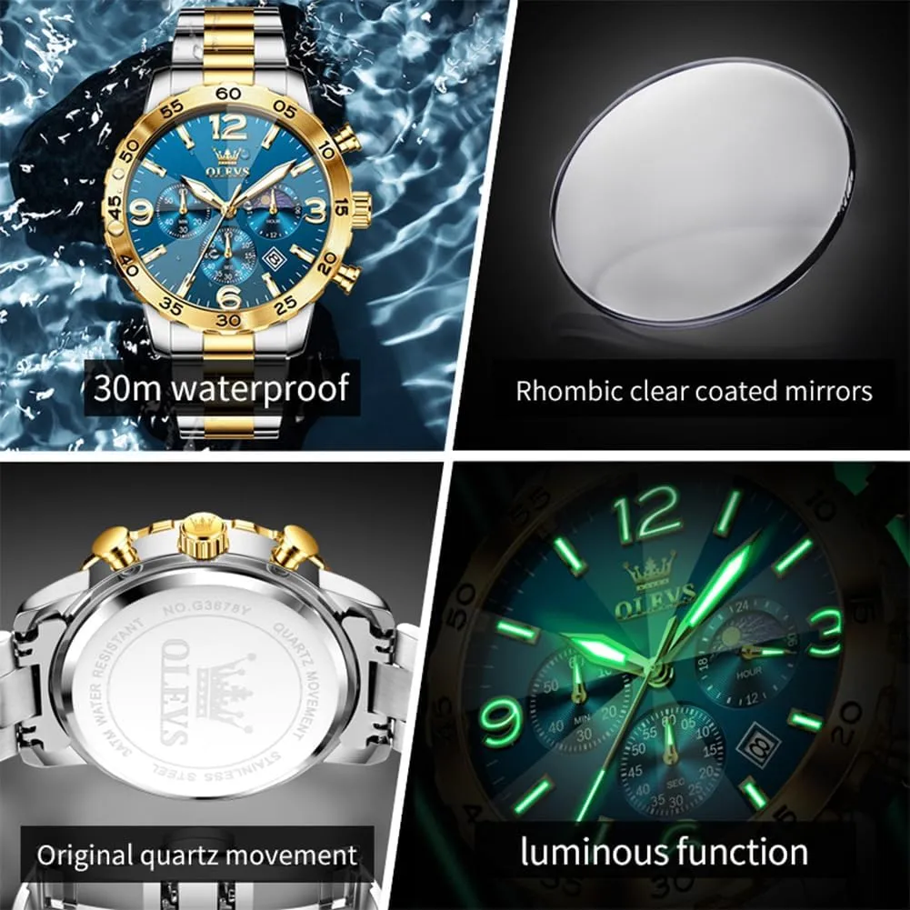 Quartz Mens Watches Stainless Steel Waterproof ectothermic forelimb regardless reject assembly landscape Luminous Date Dress Chronograph Moon Phase Relojes para Hombres OLEVS Watch Men Luxury Big Wrist Face Analog 