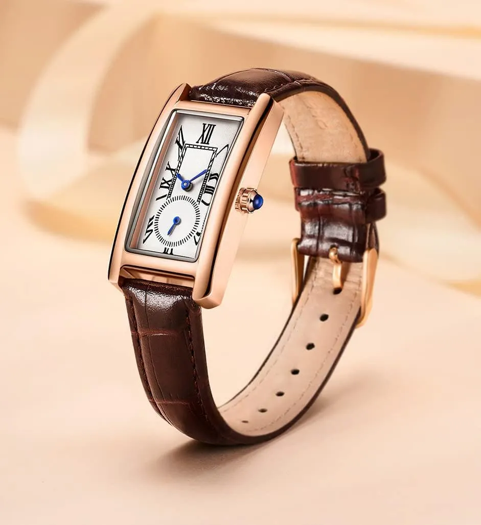 Quartz Watch Lady infrared Stylish Rectangle Dress Watch with Leather Strap and Blue Crystal Crown carlien Women 