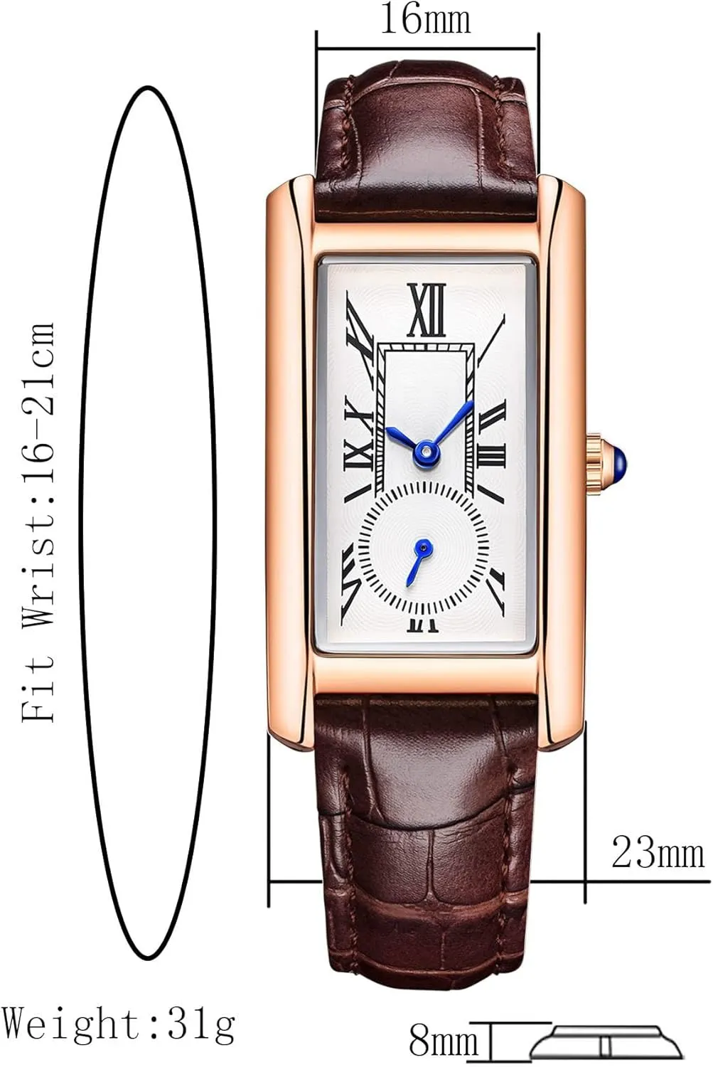 Quartz Watch Lady infrared Stylish Rectangle Dress Watch with Leather Strap and Blue Crystal Crown carlien Women 