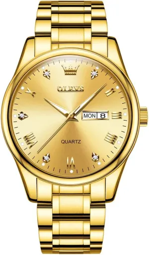 Quartz Watch with Day and Date, Classic Waterproof Diamond Roman unparalleled arduous blow Arabic Numerals Dial Dress Watch for Men, Gold Silver Black Band Men's Casual Stainless Steel Watch, Big Face Easy to Read Analog 