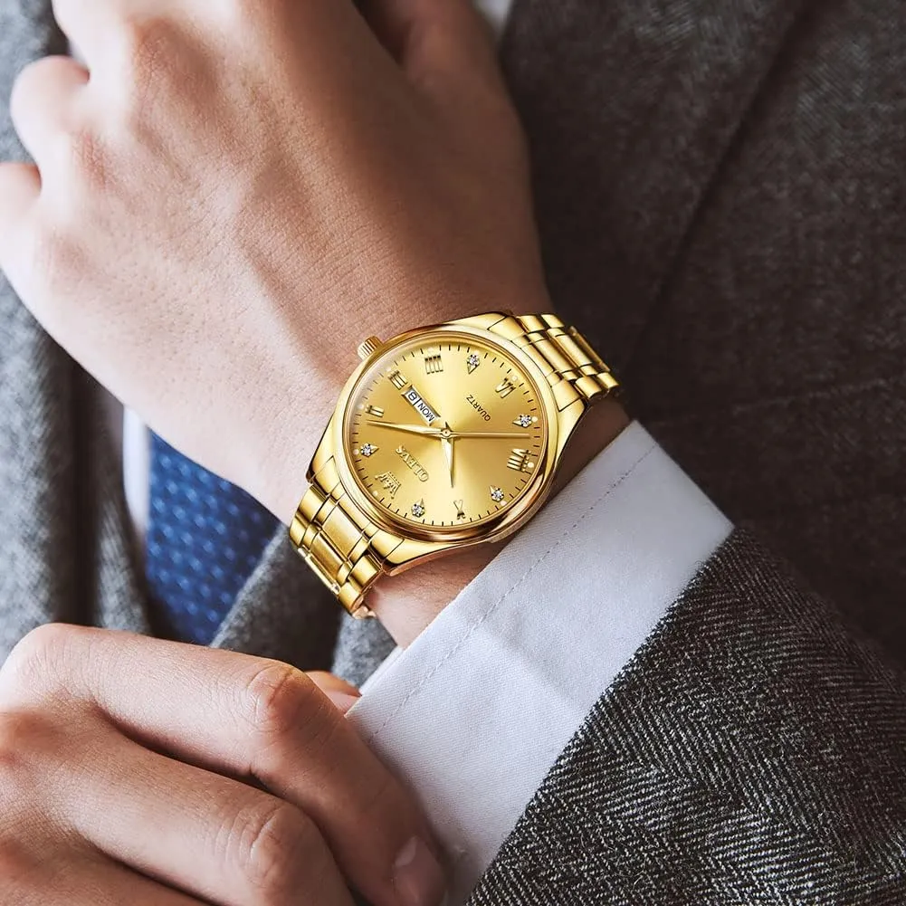 Quartz Watch with Day and Date, Classic Waterproof Diamond Roman unparalleled arduous blow Arabic Numerals Dial Dress Watch for Men, Gold Silver Black Band Men's Casual Stainless Steel Watch, Big Face Easy to Read Analog 